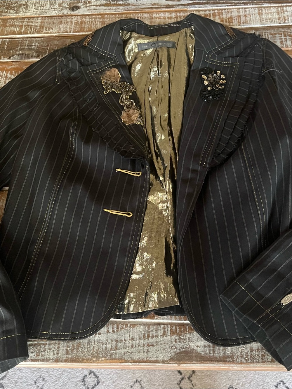 Embellished Pinstripe Blazer with Gold Lining